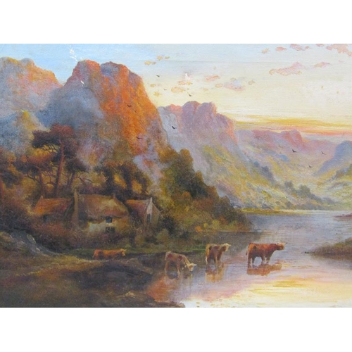 1152 - WILLIAM LANGLEY - SCOTTISH HIGHLANDS WITH CATTLE, SIGNED OIL ON CANVAS, FRAMED, 40CM X 61CM