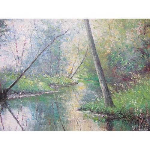 1158 - K BEIBER - WOODLAND WATERWAY, SIGNED OIL ON CANVAS, FRAMED, 49CM X 60CM