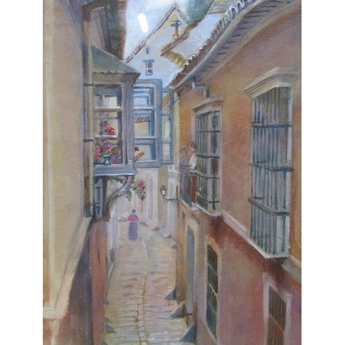 1160 - SEVI - CONTINENTAL STREET SCENE; UNSIGNED ENGLISH LANDSCAPE, 29CM X 20CM