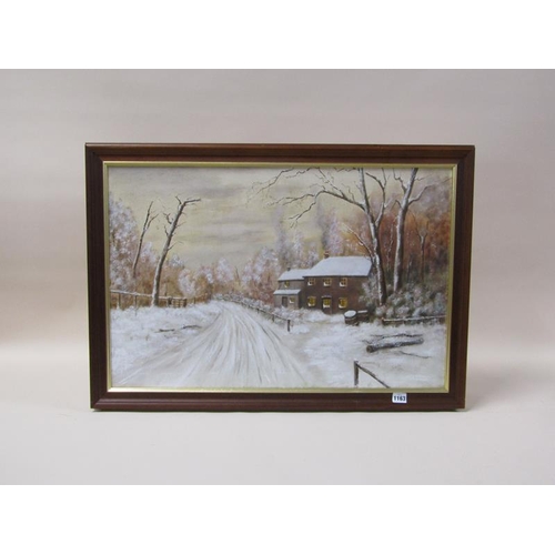 1163 - CHESTER 1985 - WINTER VILLAGE SCENE, SIGNED OIL ON CANVAS, FRAMED, 49CM X 75CM