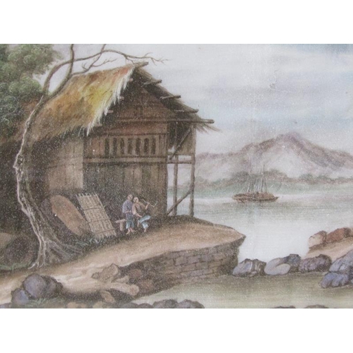 1168 - SERIES OF FOUR F/G ORIENTAL COLOURED PAINTINGS - COASTAL AND ISLAND SCENES, EACH 16CM X 27CM