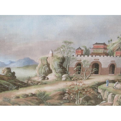 1168 - SERIES OF FOUR F/G ORIENTAL COLOURED PAINTINGS - COASTAL AND ISLAND SCENES, EACH 16CM X 27CM