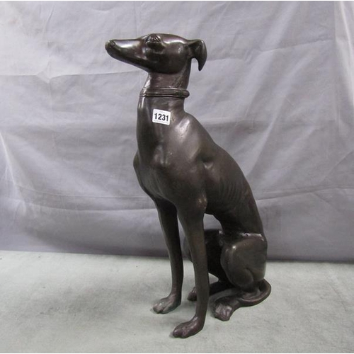 1231 - LARGE CAST BRONZED SEATED GREYHOUND - 57cms H