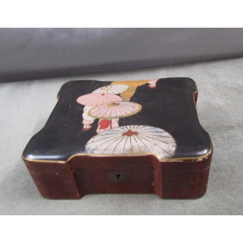 1273 - ORIENTAL LACQUERED BOX DECORATED WITH PARASOLS - 20cms W