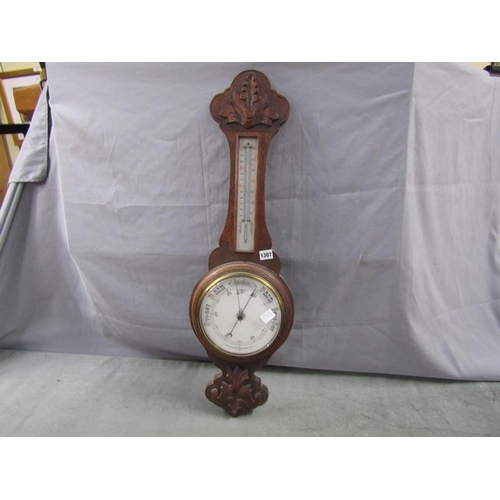 1307 - EARLY 20c OAK CASED WALL BAROMETER, 80cms L