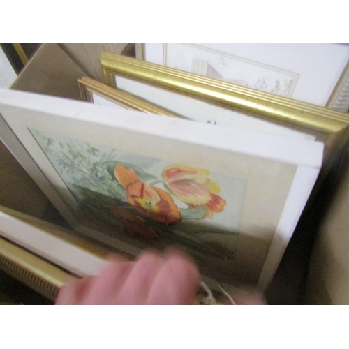 147 - BOX OF FRAMED WATERCOLOURS AND PRINTS