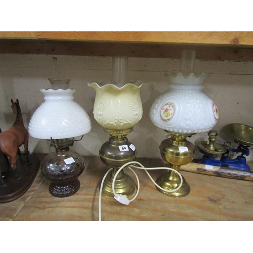 64 - TWO BRASS LAMPS AND ONE GLASS LAMP