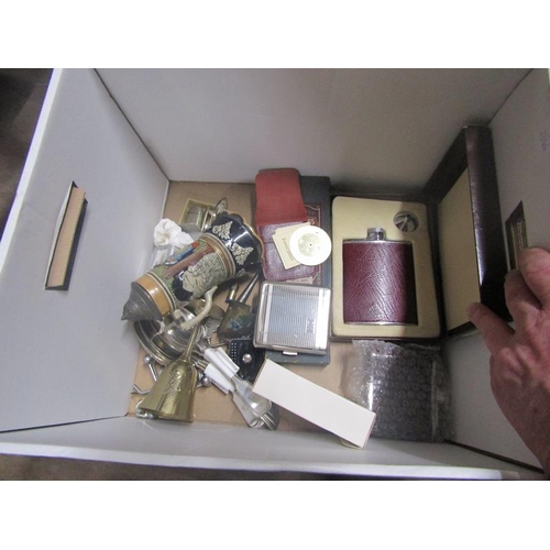 255 - BOX TO INCL CUTLERY, HIP FLASK, CIGARETTE CASE ETC