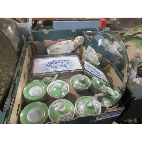 257 - BOX TO INCL MIRROR, TRAY, RICE BOWLS ETC