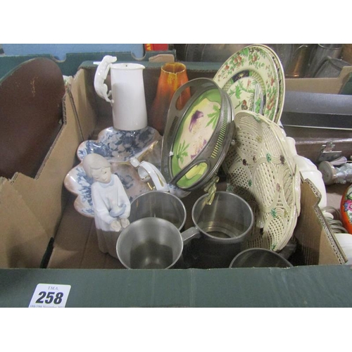 258 - BOX OF MIXED CERAMICS, ORNAMENTS, PEWWTER TANKARDS ETC