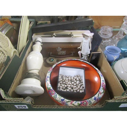 259 - BOX TO INCL CARVING SET, PORCELAIN FIGURE, ALABASTER LAMP ETC