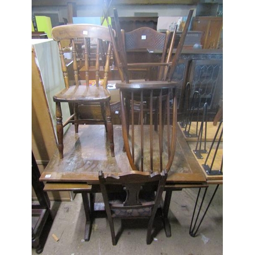 591 - OAK DRAWER LEAF DINING TABLE AND CHAIRS