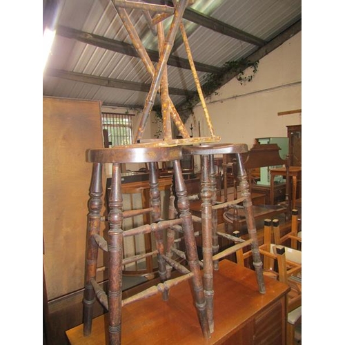 635 - TWO VICTORIAN STOOLS AND A BAMBOO TABLE