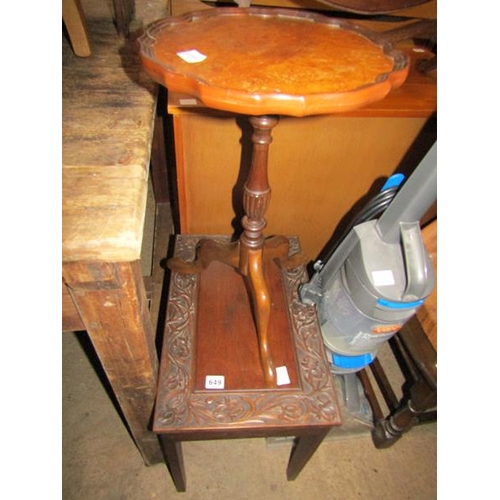 649 - CARVED MAHOGANY TABLE AND A TRIPOD TABLE