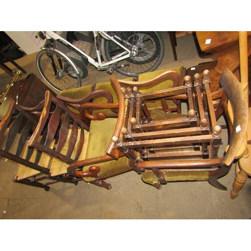 655 - TWO LADDERBACK CHAIRS, TWO VICTORIAN ARMCHAIRS AND A NEST OF TABLES