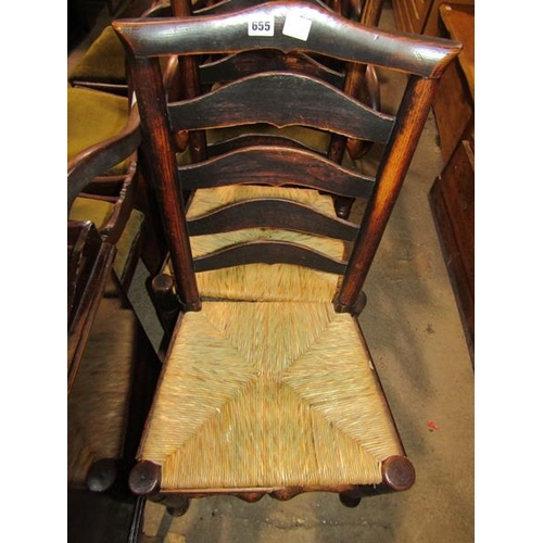 655 - TWO LADDERBACK CHAIRS, TWO VICTORIAN ARMCHAIRS AND A NEST OF TABLES