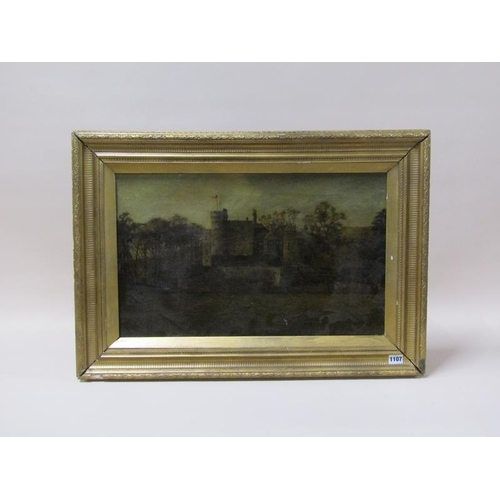 1107 - UNSIGNED 19C - FORTIFIED MANOR HOUSE NEXT TO A RIVER, OIL ON CANVAS, FRAMED, 36CM X 58CM