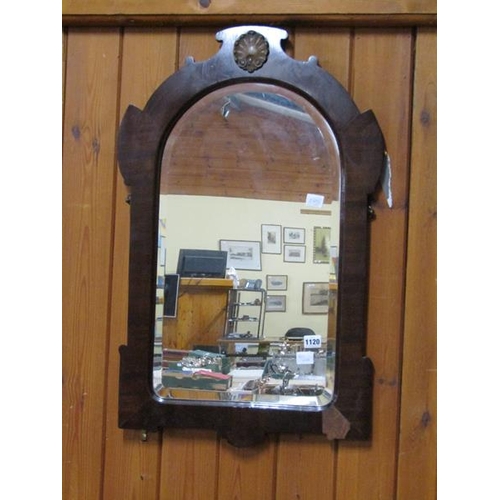 1120 - 19C MAHOGANY VENEERED ARCHED BEVEL EDGE WALL MIRROR, 80CM X 48CM