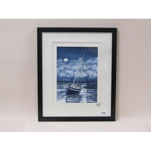 1134 - JEAN WILLIS - BEACHED SAILNG BOAT IN THE MOONLIGHT, SIGNED, F/G, 36CM X 26CM