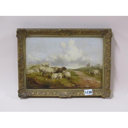 1136 - IN THE MANNER OF THOMAS SIDNEY COOPER - SHEEP RESTING CLOSE TO A PATHWAY, OIL ON BOARD, FRAMED, 20CM... 