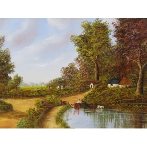 1142 - TWO FRAMED OIL ON CANVAS - RIVER AND LANDSCAPES, FRAMED, 60CM X 90CM