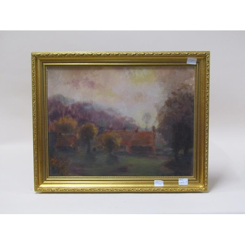 1143A - UNSIGNED - COTTAGES IN AUTUMN SETTING, OIL ON BOARD, FRAMED, 37CMX 49CM