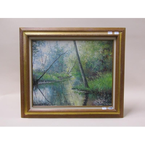 1145 - I C BEIBER - WOODLAND RIVER, SIGNED OIL ON BOARD, FRAMED, 50CM X 60CM