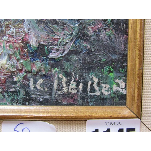 1145 - I C BEIBER - WOODLAND RIVER, SIGNED OIL ON BOARD, FRAMED, 50CM X 60CM