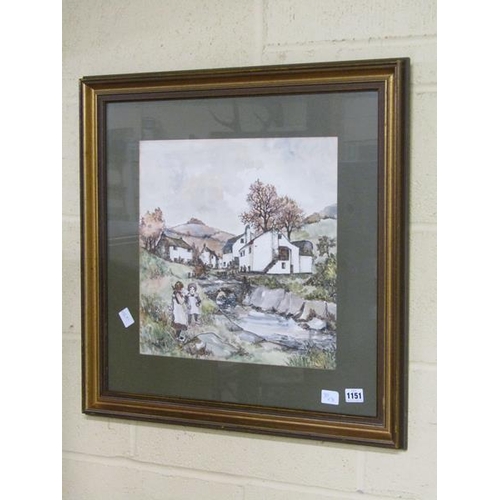 1151 - LINDSAY POGGIS - TWO CHLDREN IN A VILLAGE SETTING CLOSE TO A STREAM, SIGNED PEN & INK WATERCOLOUR, 3... 