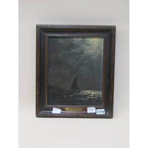 1173 - VINCENT AMBROSINI - COASTAL SAILING VESSEL IN A MOONLIT SETTING, SIGNED OIL ON BOARD, FRAMED, 25CM X... 