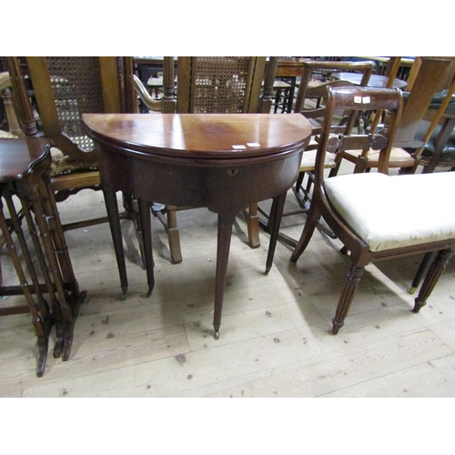 1848 - LATE GEORGIAN MAHOGANY DEMI LUNE FOLD OVER TABLE, 76CM W, 73CM H