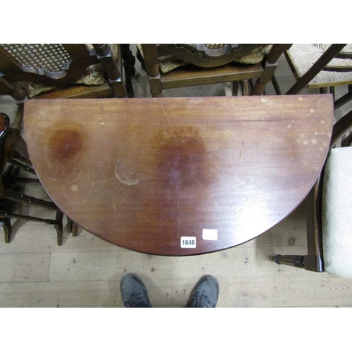 1848 - LATE GEORGIAN MAHOGANY DEMI LUNE FOLD OVER TABLE, 76CM W, 73CM H