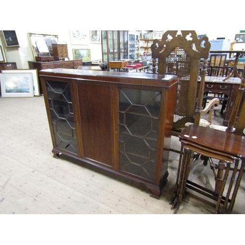 1850 - LATE GEORGIAN STYLE MAHOGANY STANDING GLAZED BOOKCASE WITH ASTRAGAL GLAZED SIDE DOORS AND A CENTRAL ... 