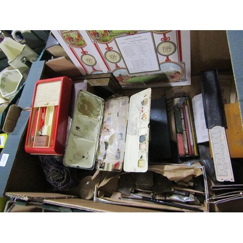 318 - BOX TO INCL DRAWING INSTRUMENTS, PURSES, BINOCULARS ETC