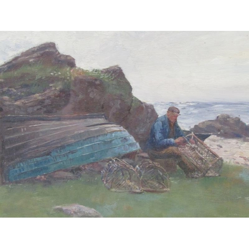 1201 - Andrew Black - fisherman seated on a rock mending his lobster pots, signed watercolour, framed and g... 