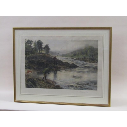 1204 - J Farquharson 1902 - Salmon fishing on the Dee, coloured print, framed and glazed, 68cm x 92cm.