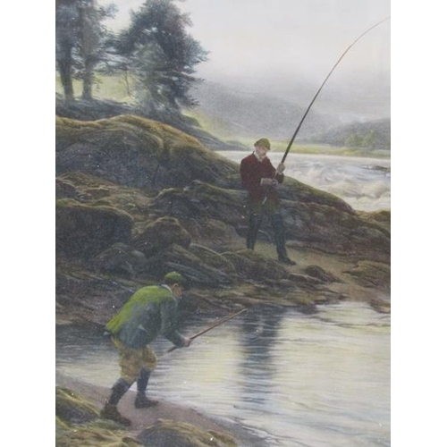 1204 - J Farquharson 1902 - Salmon fishing on the Dee, coloured print, framed and glazed, 68cm x 92cm.