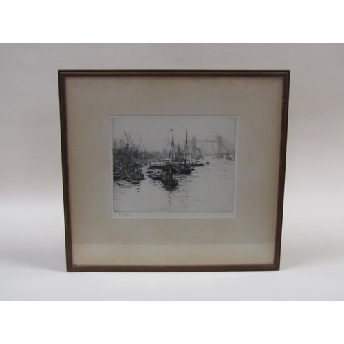 1205 - W L Wyllie - Beel Boats and Tower Bridge, Original dry point etching, signed in pencil, framed and g... 