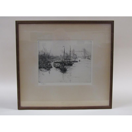 1205 - W L Wyllie - Beel Boats and Tower Bridge, Original dry point etching, signed in pencil, framed and g... 