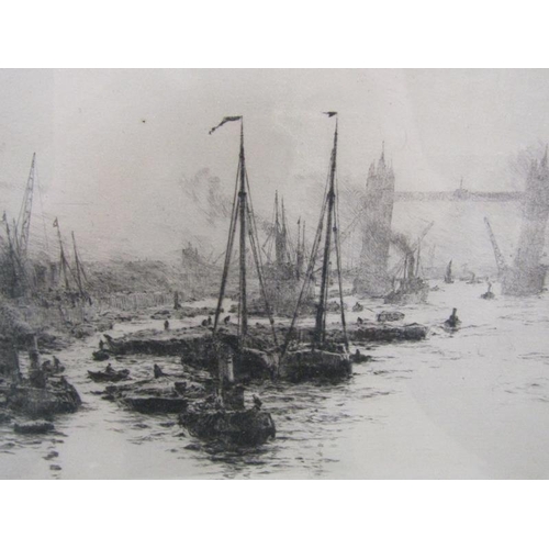 1205 - W L Wyllie - Beel Boats and Tower Bridge, Original dry point etching, signed in pencil, framed and g... 