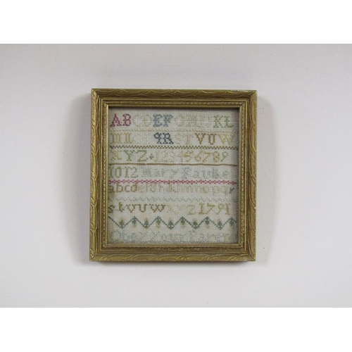 1207 - An 18c alphabetical and numerical sampler by Mary Faulke, 1791, framed and glazed, 9cm x 8.5cm.