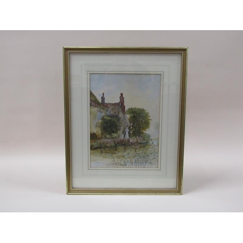 1211 - Seppings Wright - mother and child outside a cottage close to a river, signed, watercolour, framed a... 