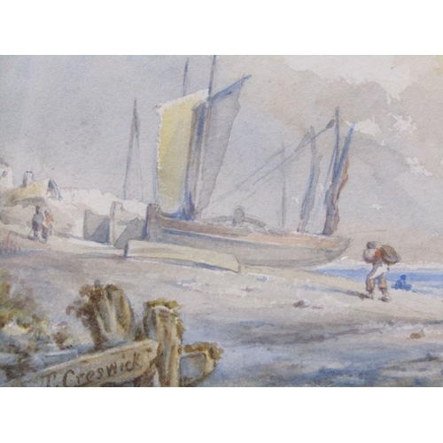 1215 - Thomas Creswick 1811/1869 - Fishermans tale, signed, watercolour, framed and glazed, 11.5cm x 20.5cm... 