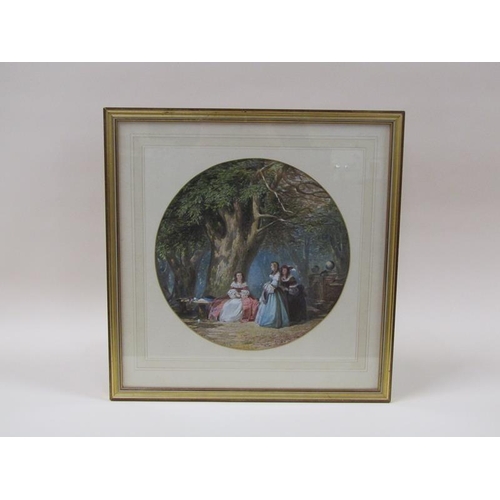 1218 - A E Buckley 1858 - a meeting of three ladies under a tree, signed and dated, watercolour, circular f... 