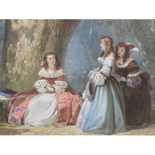 1218 - A E Buckley 1858 - a meeting of three ladies under a tree, signed and dated, watercolour, circular f... 