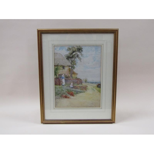 1220 - Yolande King - 19c lady and child outside a thatched cottage close to the coast, signed, watercolour... 