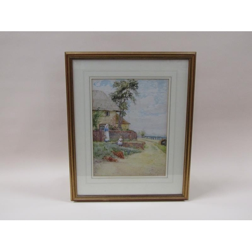 1220 - Yolande King - 19c lady and child outside a thatched cottage close to the coast, signed, watercolour... 