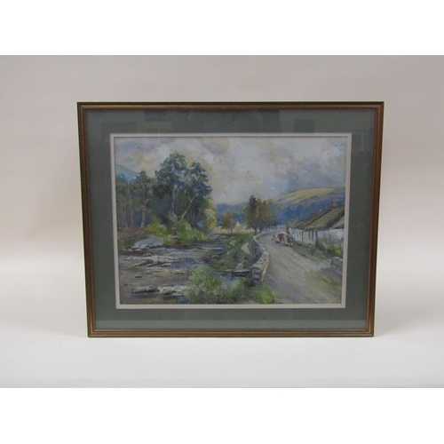 1225 - J Catt? - Cattle drover on a roadway close to a river passing by cottages, signed watercolour, frame... 