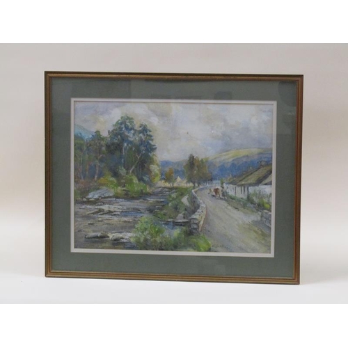 1225 - J Catt? - Cattle drover on a roadway close to a river passing by cottages, signed watercolour, frame... 