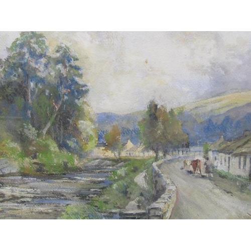 1225 - J Catt? - Cattle drover on a roadway close to a river passing by cottages, signed watercolour, frame... 